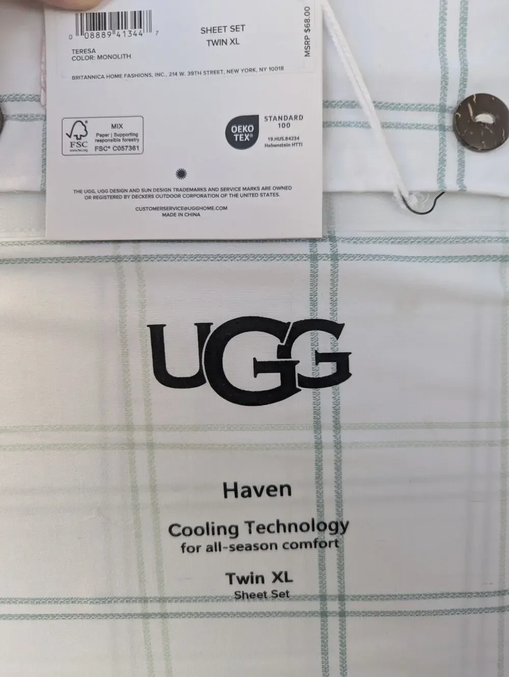 New UGG Haven Twin XL Green Monolith/White Cooling Sheet Set Fit 15